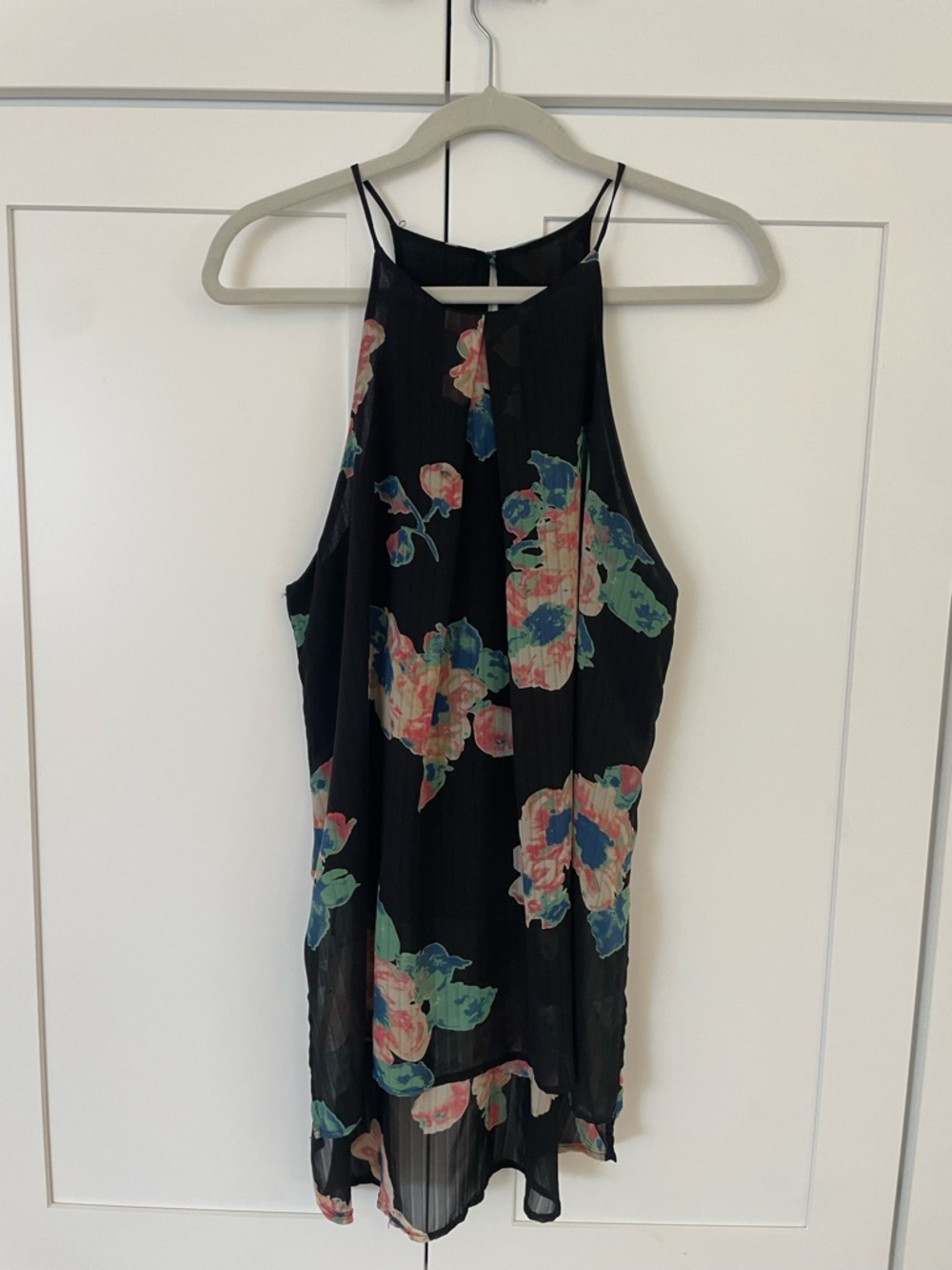 Lush Black Floral Halter Tank Top with Pink and Teal Flowers